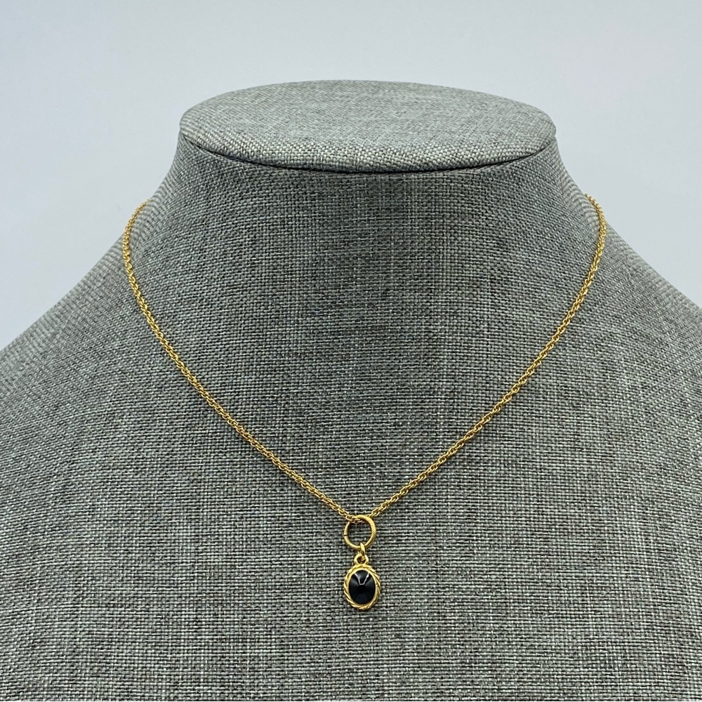 Liz Claiborne Gold Tone Pendant Necklace Black Enamel Cabochon Dainty Charm 16"